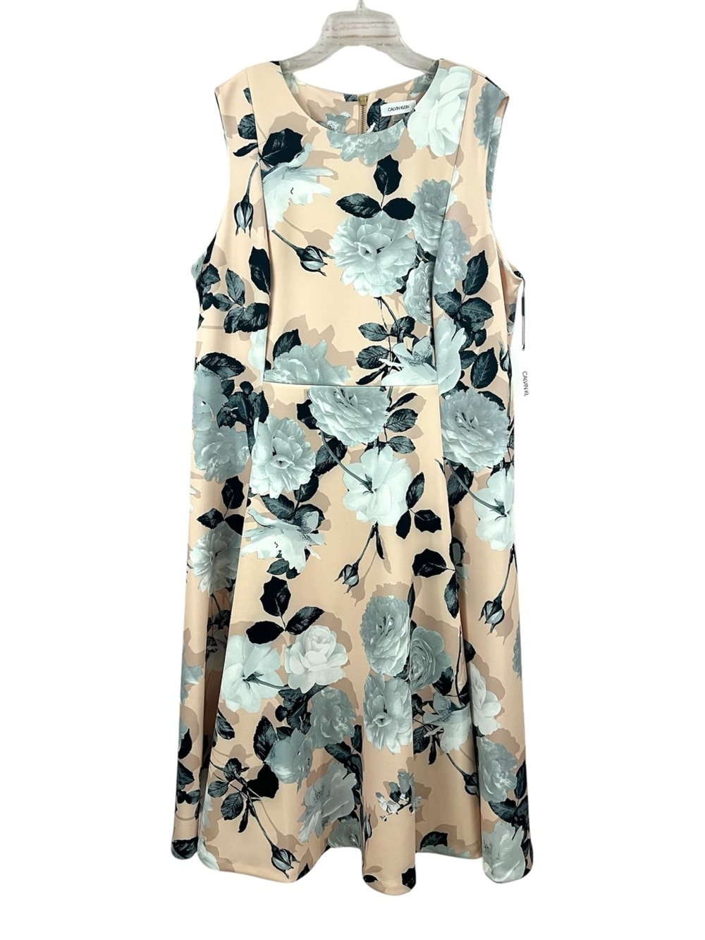Calvin Klein Elegant Floral Rose Peach Formal Sleeveless Midi Scuba Flare Dress